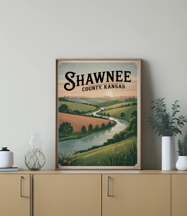 Shawnee County, Kansas vintage landscape illustration in a framed poster.