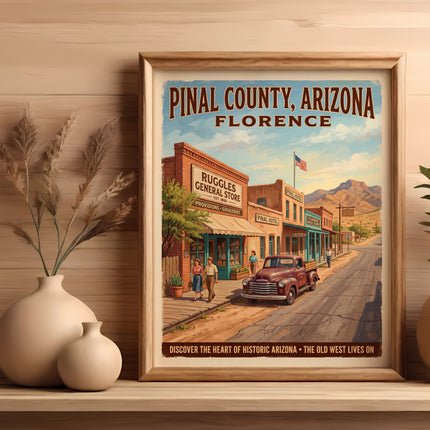 Pinal County, Arizona Florence vintage poster with Ruggles General Store and Pinal Hotel.
