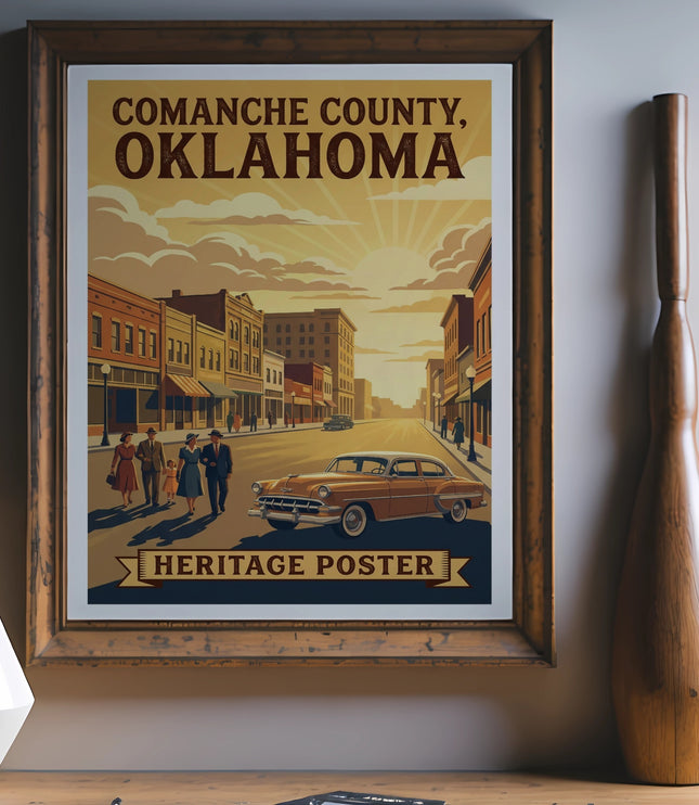 Comanche County, Oklahoma heritage poster with vintage street scene and car.