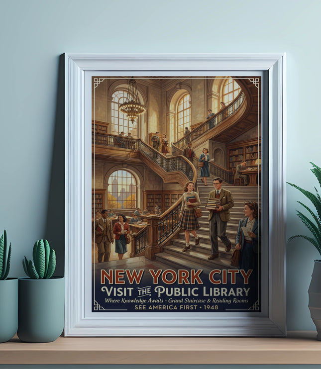 Vintage poster of New York City Public Library staircase and reading rooms.
