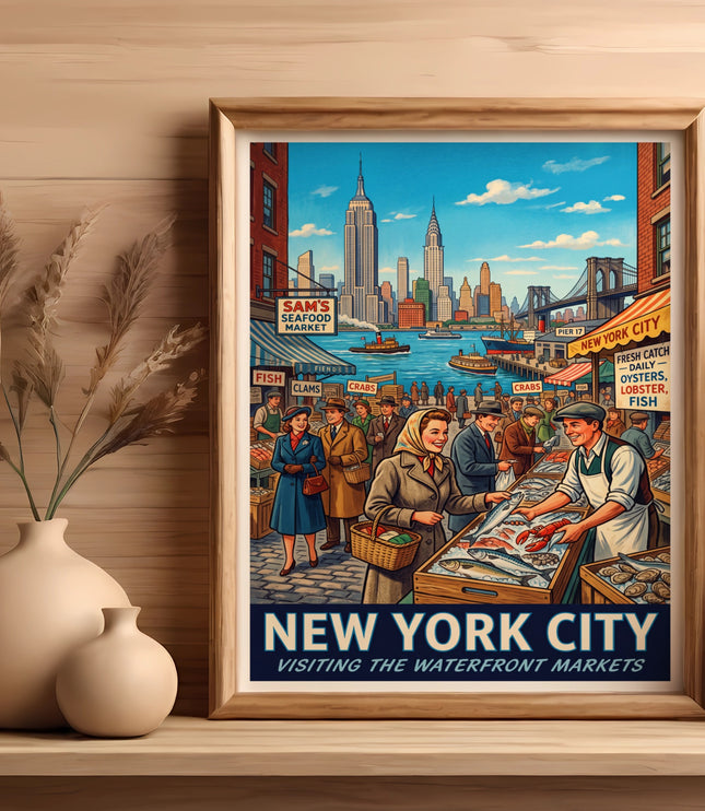 New York City waterfront seafood market with Empire State Building and Brooklyn Bridge.