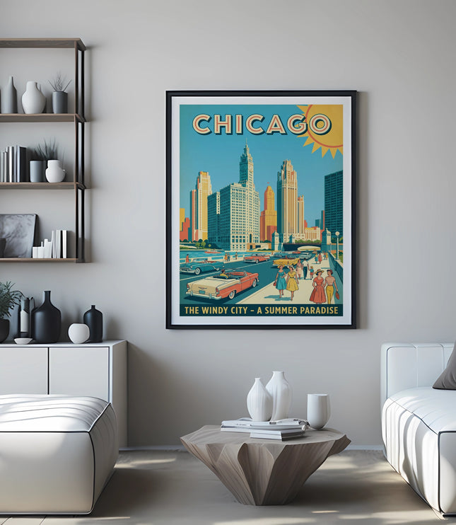 Vintage Chicago postcard with skyline, cars, people, and text "The Windy City - A Summer Paradise".