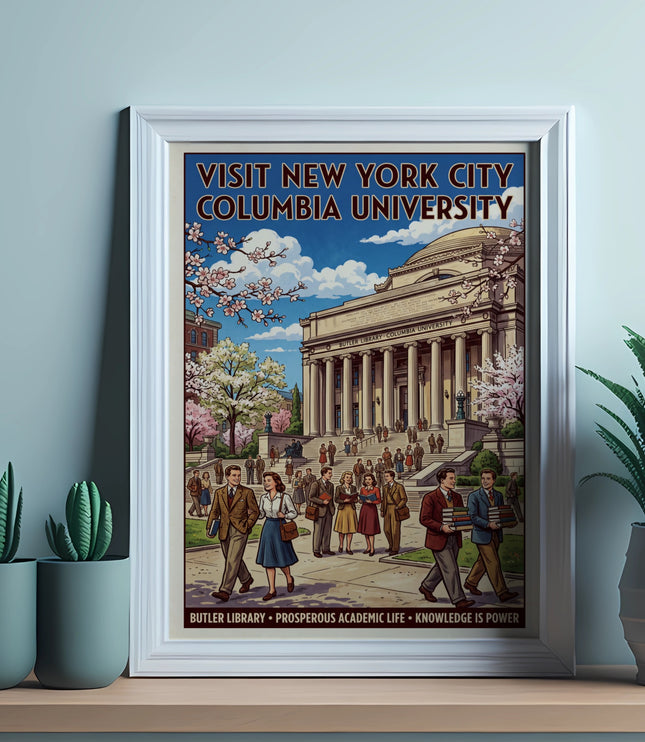 Vintage poster of Columbia University with text: Visit New York City, Butler Library.