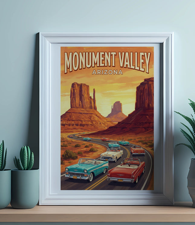 Vintage travel poster showing Monument Valley Arizona with classic cars on a road.