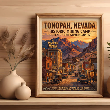 Tonopah, Nevada historic mining camp poster featuring Mizpah Hotel and desert scenery.