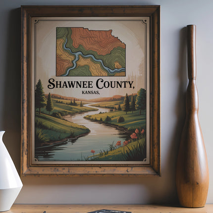 Map of Shawnee County, Kansas, featuring a river winding through rolling hills.