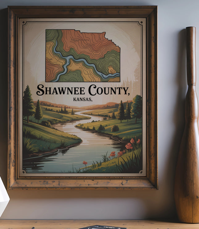 Map of Shawnee County, Kansas, featuring a river winding through rolling hills.