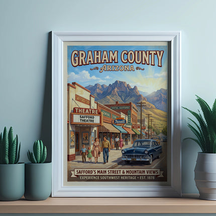 Graham County Arizona poster with Safford's Main Street and mountain views.