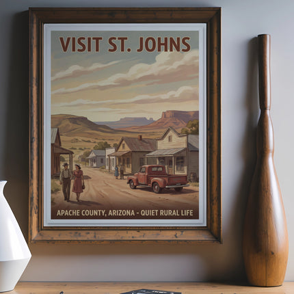 Vintage style poster showing "Visit St. Johns Apache County Arizona - Quiet Rural Life."