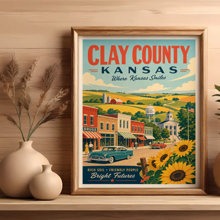 Clay County Kansas vintage travel poster with town scene and sunflowers.