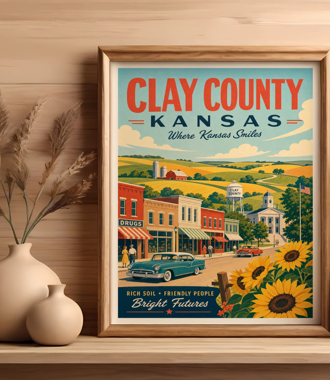 Clay County Kansas vintage travel poster with town scene and sunflowers.