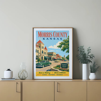 Poster of Main Street, Council Grove, Kansas, with text "Morris County Kansas".