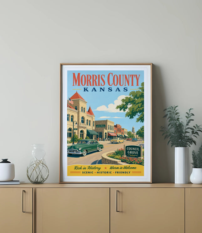 Poster of Main Street, Council Grove, Kansas, with text "Morris County Kansas".