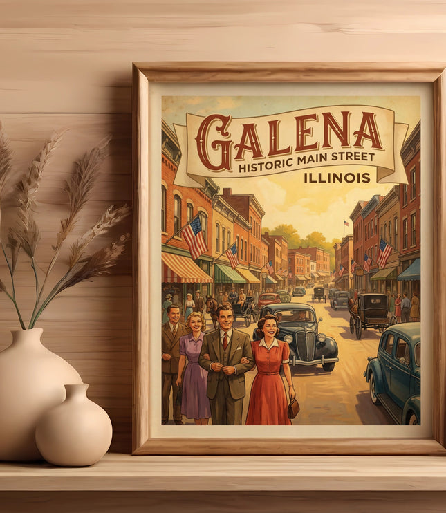 Galena Historic Main Street Illinois vintage poster with couples and vintage cars.