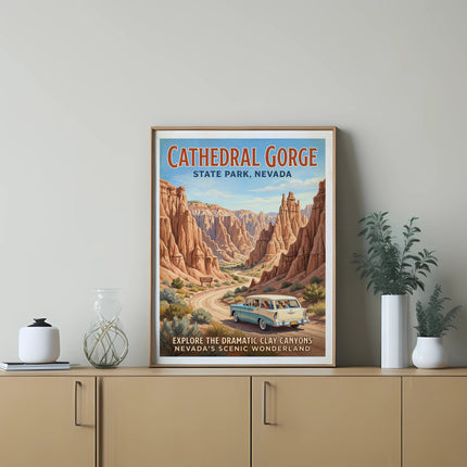 Cathedral Gorge State Park, Nevada poster featuring a vintage car driving through dramatic clay canyons.