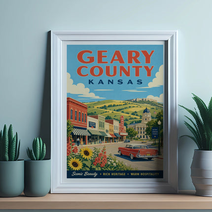 Poster for Geary County, Kansas, featuring Emporia, with "Scenic Beauty" and "Warm Hospitality".