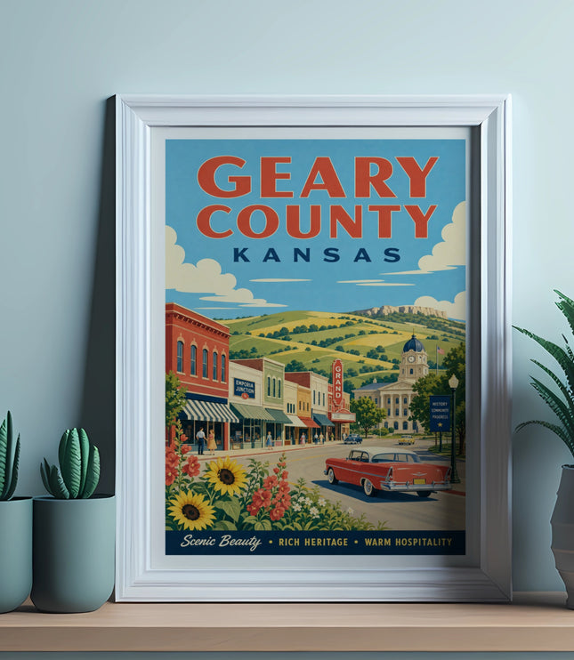 Poster for Geary County, Kansas, featuring Emporia, with "Scenic Beauty" and "Warm Hospitality".
