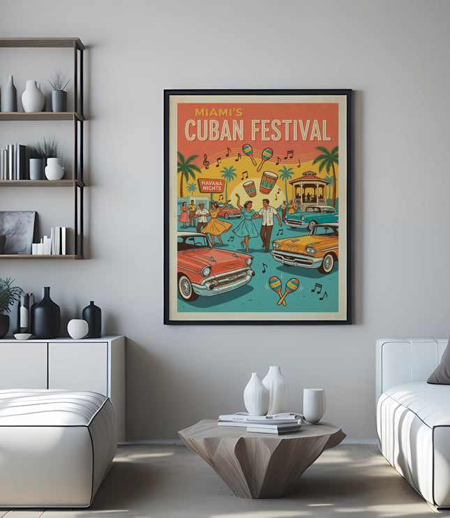 Framed "Miami's Cuban Festival" poster with people, vintage cars, and palm trees.