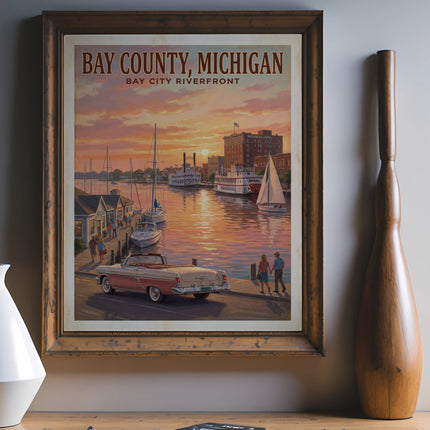 Framed artwork depicts Bay County, Michigan riverfront with vintage car, boats, and buildings.