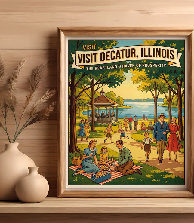 Vintage poster: Visit Decatur, Illinois, with a park scene and text.