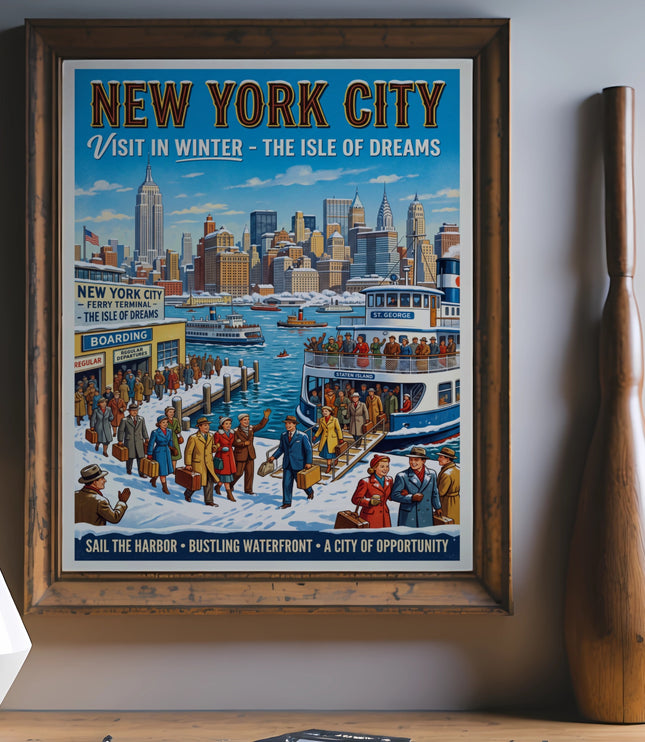 New York City winter vintage travel poster depicting skyline and ferry.