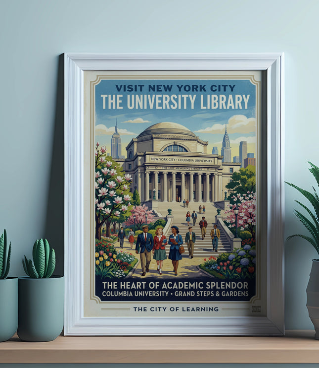 New York City postcard featuring Columbia University's Low Memorial Library and gardens.