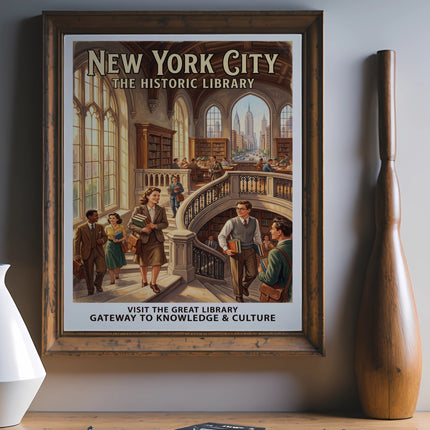 New York City Historic Library poster with people on stairs.
