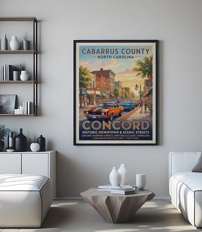 Poster of Concord, North Carolina, featuring downtown historic streets and vintage cars.