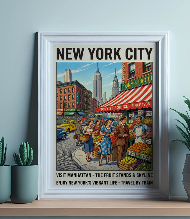 New York City poster with fruit stands, people, and skyline.