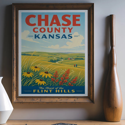 Vintage travel poster for Chase County, Kansas, featuring rolling hills and sunflowers.