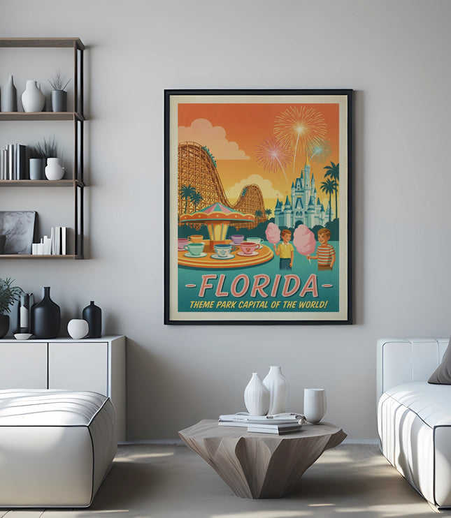Florida vintage poster with castle, rollercoaster, teacups, and fireworks.