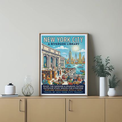 New York City Riverside Library poster with people, sunshine, and text.