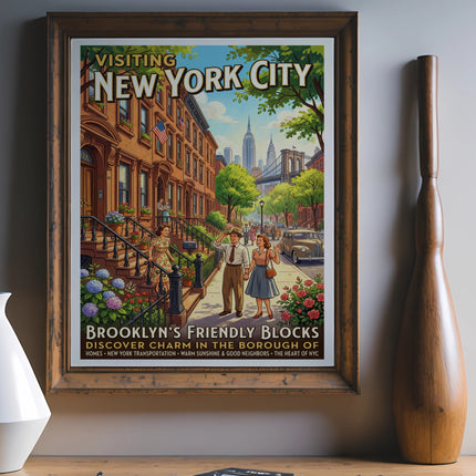 Vintage New York City poster with Brooklyn's friendly blocks, people, and skyline.