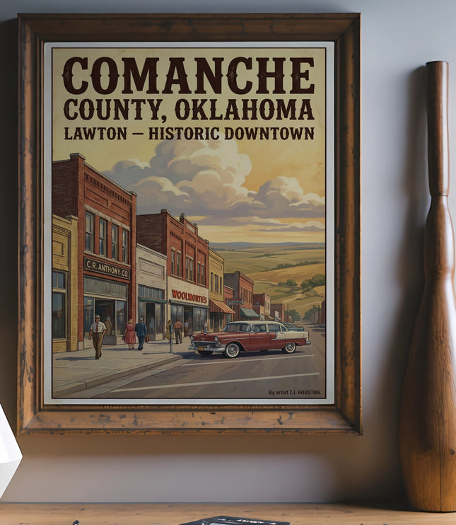 Vintage art print: Comanche County, Oklahoma, Lawton Historic Downtown, by T.J. Houston.