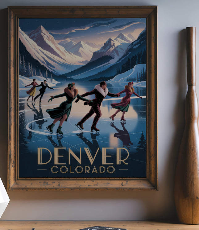 Vintage travel poster with skaters on a frozen lake in Denver.