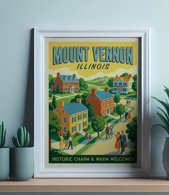 Retro travel poster of Mount Vernon, Illinois with houses and people.