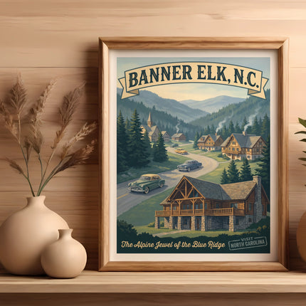 Banner Elk, NC vintage travel poster featuring log cabin village and mountain scenery.