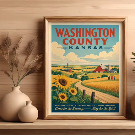 Vintage poster of Washington County, Kansas with farmland, sunflowers, and text.
