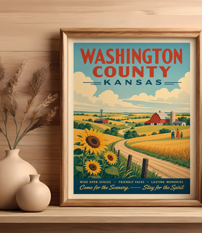 Vintage poster of Washington County, Kansas with farmland, sunflowers, and text.