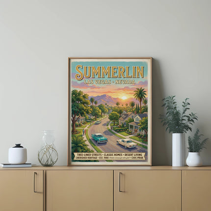 Summerlin Las Vegas Nevada poster with vintage cars and homes at sunset.