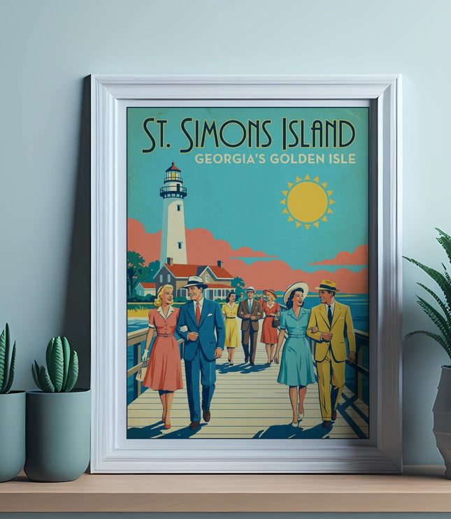 St. Simons Island Georgia's Golden Isle vintage travel poster featuring a lighthouse and couples walking.