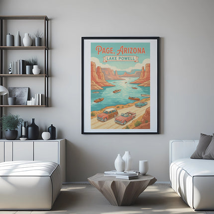Poster of Lake Powell, Page, Arizona with boats and cars, framed and hung on a wall.