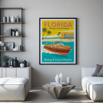 Retro Florida boating and leisure travel poster featuring a speedboat and palm trees.