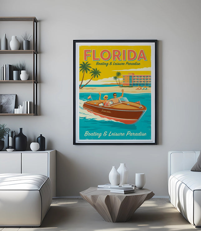 Retro Florida boating and leisure travel poster featuring a speedboat and palm trees.