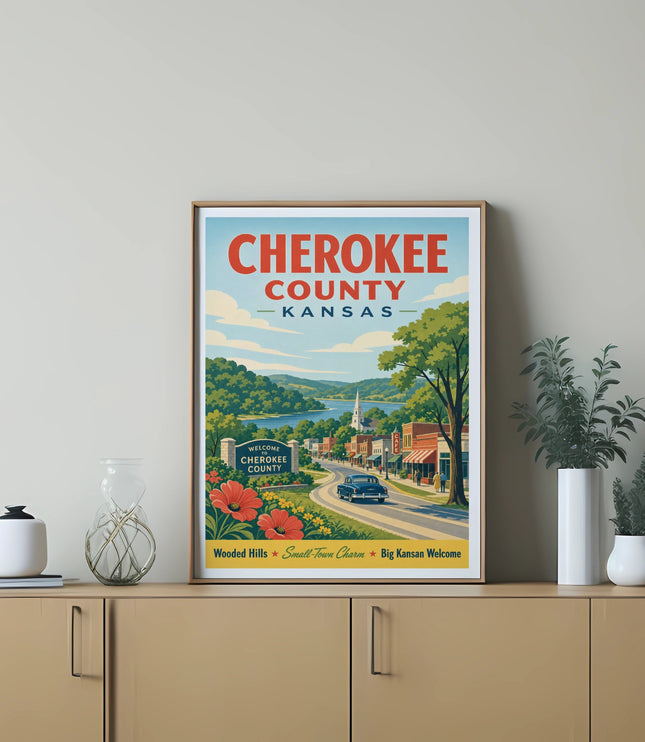 Cherokee County, Kansas welcome sign with small town scene and text.
