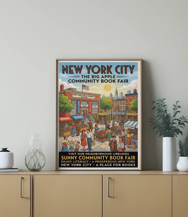 New York City Community Book Fair poster with people browsing books outside library.