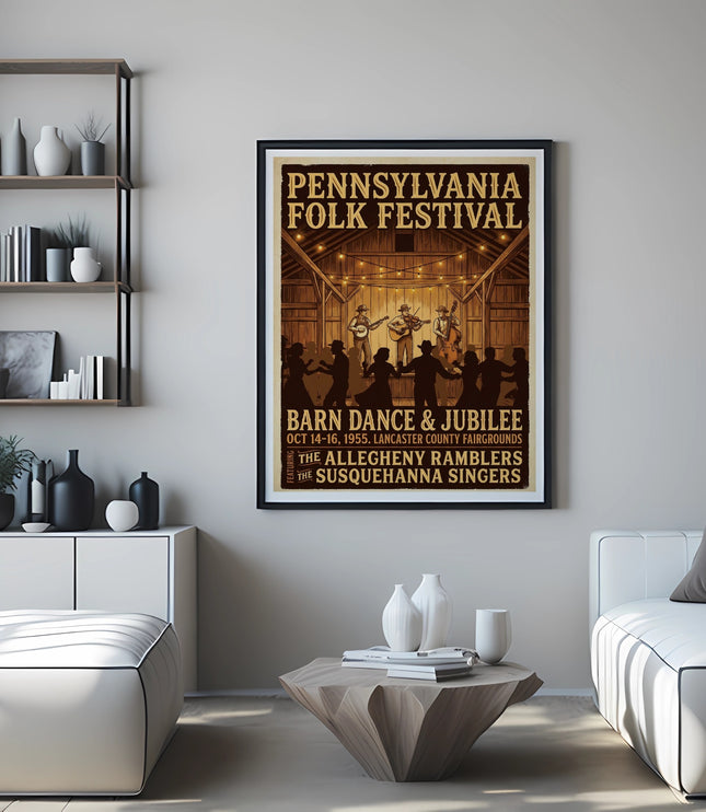 Pennsylvania Folk Festival poster featuring a barn dance and jubilee with band names.