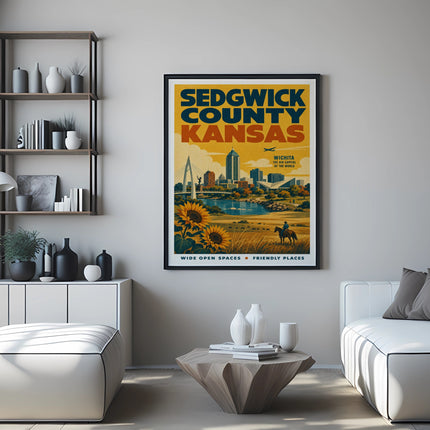 Sedgwick County Kansas travel poster with Wichita skyline and sunflower fields.