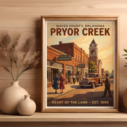 Vintage style Pryor Creek, Oklahoma poster with town square, truck, and people.