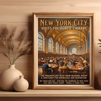 New York City Public Library reading room poster with travel information.